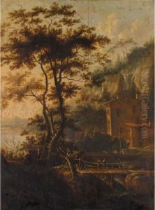 A River Landscape With Two Men On A Bridge With A House And Waterfall Beyond by Jan Gabrielsz. Sonje