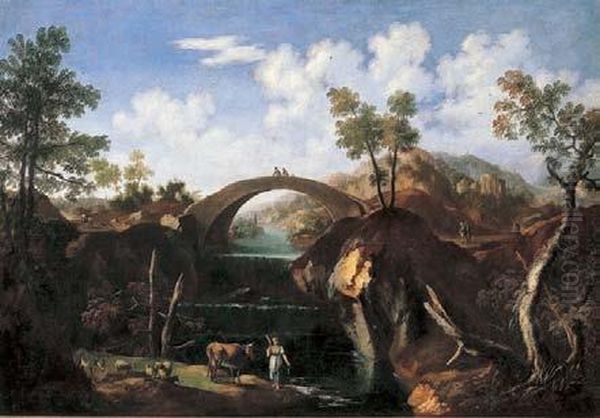Paesaggio Fluviale Con Ponte, Viandanti, Pastorella E Armenti - view 1
