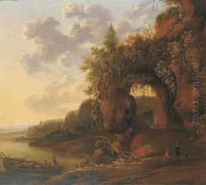 A Mountainous River Landscape
With Travellers On A Path In Theforeground By A Moored Boat by Jan Gabrielsz. Sonje