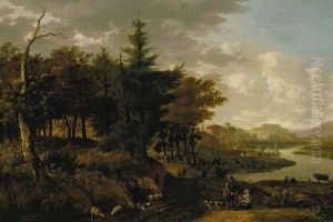 A Wooded River Landscape With A Goatherd, Travellers And Ruins Beyond by Jan Gabrielsz. Sonje