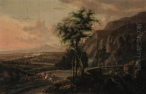 An Extensive Mountain Landscape, With A Hawking Party On A Road Bya Bridge