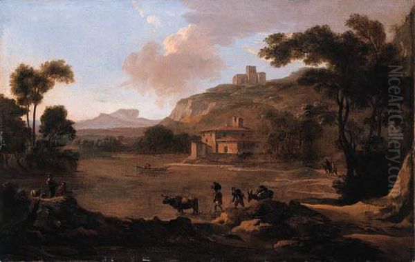 Muleteers Fording A River With Anglers On A River-bank Nearby, Inan Italianate Landscape - view 1