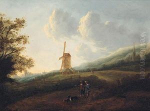 A Landscape With Travellers By A Windmill, A Town In Thedistance
