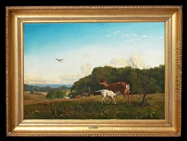 Deer In "dyrehaven" Gardens North Of Copenhagen. Signed And Dated J. S. 1865 - view 1