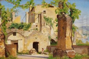 Italian Houses With Vines, In The Foreground A Little Girl by Jorgen Valentin Sonne
