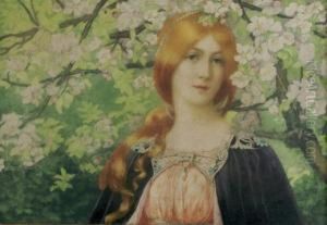 Art Nouveau Maiden Standing In Cherry Blossoms