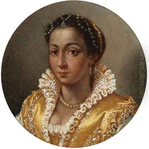 Portrait of a girl, bust-length, in a yellow silk dress with a lace collar