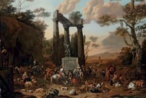 An Italianate Landscape With A Market By Ruins