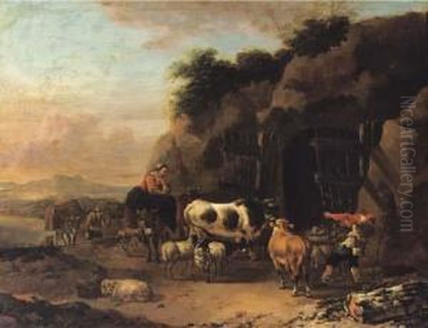 Peasants Driving Their Cattle And Sheep Into A Cave In Anitalianate Landscape - view 1