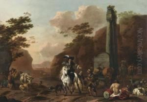 Herdsmen With Their Animals Near An Ancient Well, With A Gentleman On A White Horse.