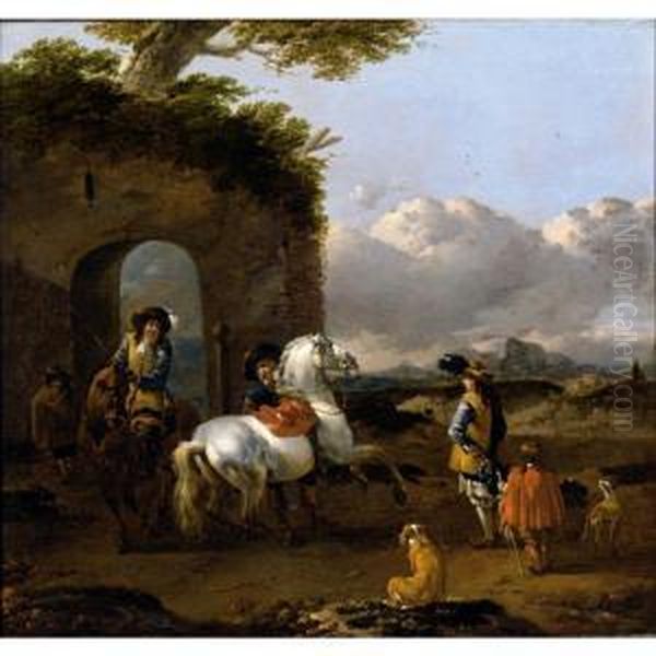 Italianate Landscape, With Cavaliers And The Horses Before Some Ruins - view 1