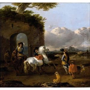 Italianate Landscape, With Cavaliers And The Horses Before Some Ruins