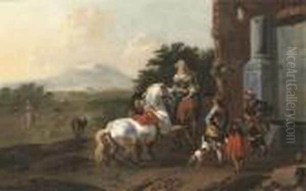 Riders Resting By A Fountain 
With A Mendicant And Dogs, Figures On A Path And Mountains Beyond - view 1