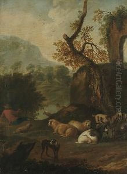 A Shepherd With His Flock Resting Beside A River - view 1
