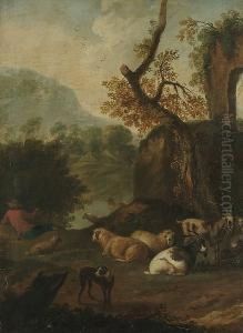 A Shepherd With His Flock Resting Beside A River