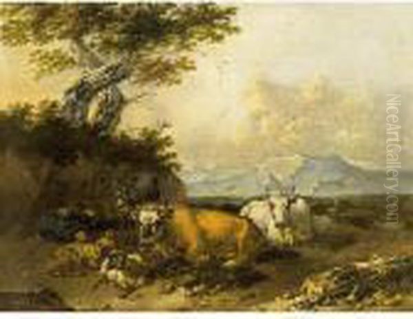 Cows And Sheep In An Italianate Landscape With A Shepherd Resting - view 1
