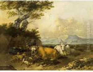 Cows And Sheep In An Italianate Landscape With A Shepherd Resting