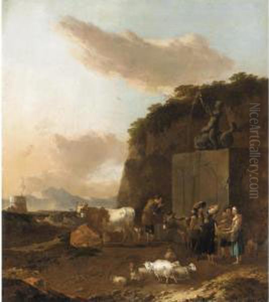 An Italianate Landscape With Dorvers And Their Animals Beside A Fountain - view 1