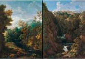 A Classical Landscape With
Shepherds Beside A Waterfall, Said To Be A View Of Tivoli; A Classical
Landscape With Shepherds And Their Flock Beside A River, Said To Be A
View Of The Fields Outside Vicovaro by Jan Frans Soolmaker