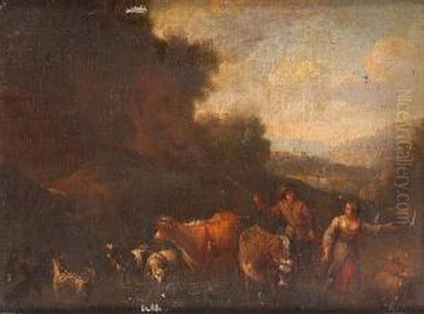 A Couple With Cattle And Goats In An Arcadian Landscape - view 1