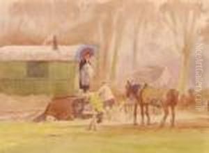 Watercolour, Gypsyencampment, Signed, 8.5" X 12" Watercolour, Gypsyencampment, Signed, 8.5" X 12"