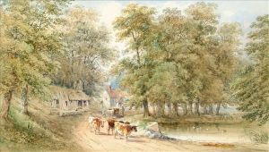 Countryroad With Cattle Crossing A Bridge; The Village Pond, Possiblywidmore, Kent Each by Thomas James Soper