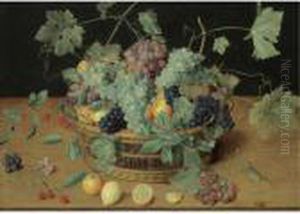 A Still Life With Fruit In A 
Basket, Including Bunches Of Grapes And Lemons, Cherries And Oranges On 
The Wooden Table Beneath by Isaak Soreau