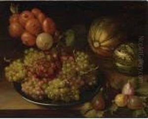 A Still Life With Black And 
White Grapes On A Silver Platter, Together With Figs, Melons And Unions,
 All On A Table
