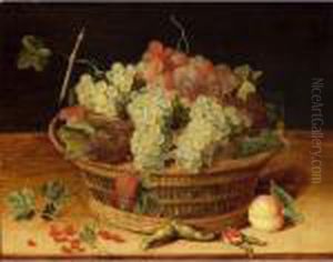 A Still Life With Blue And White
 Grapes In A Basket, Together With Red Currants, Hazelnuts And A Peach, 
All On A Wooden Ledge by Isaak Soreau
