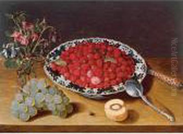 Wild Strawberries In A Wan-li 
Kraak Porcelain Bowl With A Vase Of Flowers And A Bunch Of Grapes, All 
Resting On A Wooden Ledge - view 1