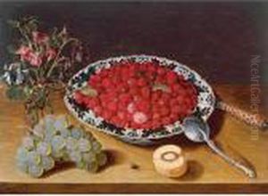 Wild Strawberries In A Wan-li 
Kraak Porcelain Bowl With A Vase Of Flowers And A Bunch Of Grapes, All 
Resting On A Wooden Ledge by Isaak Soreau