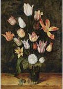 A Still Life With Fifteen Tulips
And Two White Roses With A Fly On A Leave In A Glass Beaker, All On A
Wooden Ledge Together With A Ladybird by Isaak Soreau