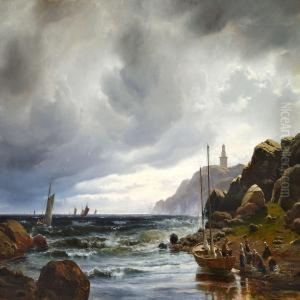 Rocky Coast With Fishermen Landing Their Catch