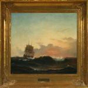 Linieskib I Hoj So.solnedgang by C. F. Sorensen