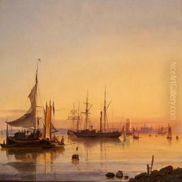 Det Svenske Kongeskib Ud For Kronborg En Stille Sommeraften I Solnedgangsskaeret - view 1