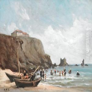 A Possibly Italianrocky Coastal Scene With Prams On The Beach And Numerous Peoplebathing