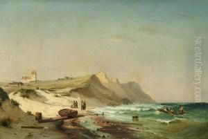 Fishermen On The Beach With Sandy Cliffs And A Church In The Background