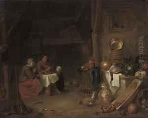 A Kitchen Interior With A Family Seated At A Table