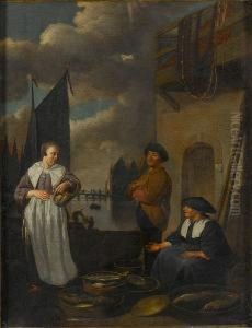 A Fish Seller Seated On A Quayside, A View To A Canal Beyond by Hendrick Maertensz. Sorch (see Sorgh)