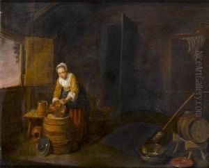 A Cottage Interior With A Woman Cleaning A Copper Pot