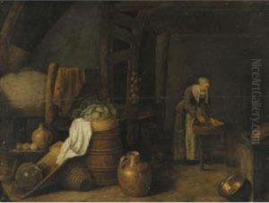 A Kitchen Still Life With A
Cabbage, Onions, Lemons, Flagons, A Barrel, A Basket, And Other Kitchen
Untensils, A Maid Beyond by Hendrick Maertensz. Sorch (see Sorgh)
