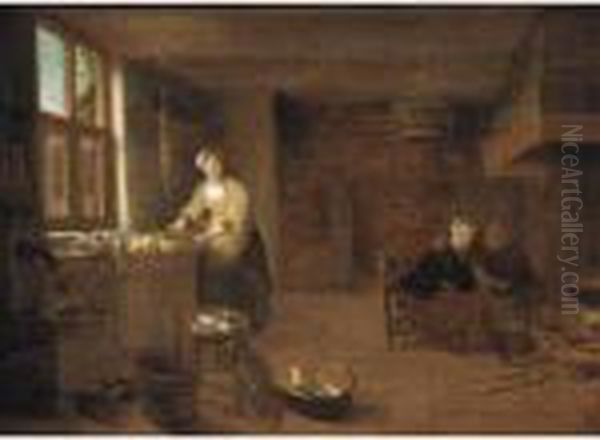 A Kitchen Interior With A Woman
Preparing Dinner And Man Courting A Young Woman By The Fireplace - view 1