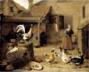 A Court With A Maid Feeding Hens And A Cockerel Perched Upon A Wooden Barrel