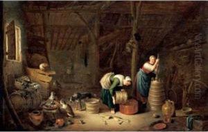 An Interior Of A Barn With Two Women by Hendrick Maertensz. Sorch (see Sorgh)