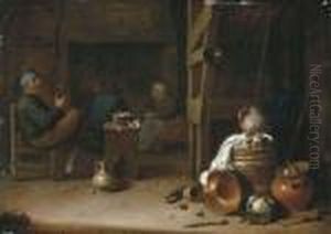 The Interior Of An Inn With Peasants Drinking And Conversing Beforea Fire by Hendrick Maertensz. Sorch (see Sorgh)