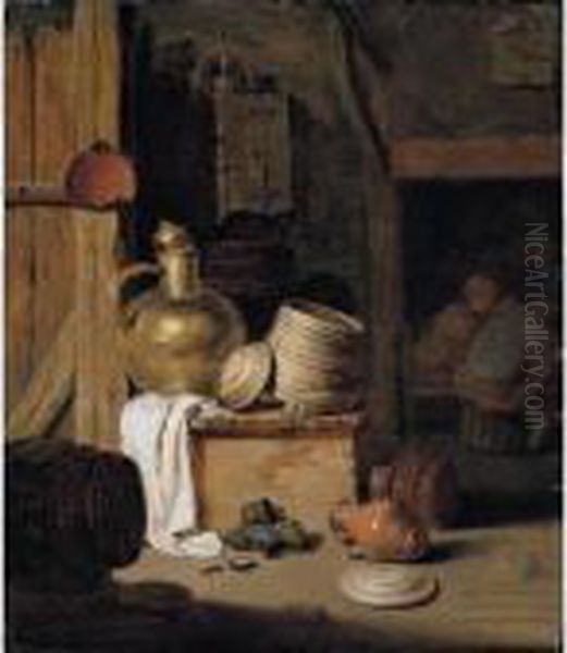 A Barn Interior With A Still 
Life Of Various Pots, Barrels, And Baskets With A Cat, Boors Seated 
Beyond - view 1