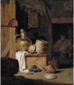 A Barn Interior With A Still
Life Of Various Pots, Barrels, And Baskets With A Cat, Boors Seated
Beyond by Hendrick Maertensz. Sorch (see Sorgh)