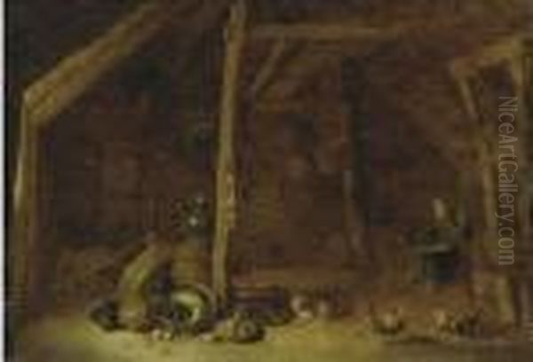 The Interior Of A Barn With A Woman Spinning by Hendrick Maertensz. Sorch (see Sorgh)