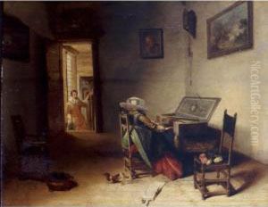 Interior With A Lady Playing The
 Virginals, A Gentleman In The Background Coming Up The Stairway