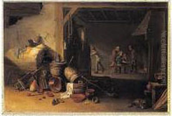 A Tavern Interior With Peasants 
Conversing Before A Fireplace, Kitchen Vessels And An Oven In The 
Foreground - view 1